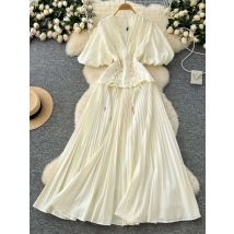 Urlaub Elegante Gefaltete Lange Abendkleider Frauen Sommer Herbst Halb Puff Sleeve Gefälschte 2-teiliges Set Midi Prom Party Vestidos