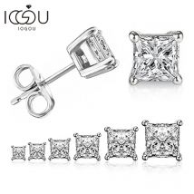 IOGOU 925 Sterling Silver Stud Earrings For Women 4-Claws Square Zirconia Earring Wedding Engagement Bridal Diamond Jewelry Gift
