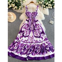Elegant Blue And White Porcelain Print V-Neck Belted Dress with Chest Pad Bell Sleeve Slimming High Waist A-Line Gown for Women