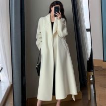 Elegant Midi Wool Blends Coat Women Korean Thicken Long Bandage Jackets Oversized Lace Up Outwear White Cardigan Woolen Overcoat