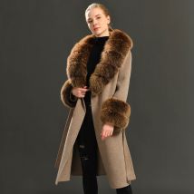 Jaxmonoy Trenchcoat aus Kaschmirwolle für Damen, große Größe, Pelzkragen, doppelseitig, eleganter Mantel mit Gürtel, Frühlings- und Herbstmantel