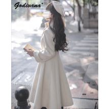 Eleganter Retro zweireihiger schmaler Woll mantel Damen mittellanger Herbst und Winter jk weißer Woll mantel süße Outwear