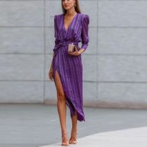 Elegante V-ausschnitt Spitze-up Belted Party Kleid Frauen Frühling Gestreiften Druck Split Unregelmäßige Kleid Herbst Langarm Büro dame Kleid