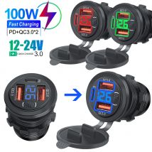 Drei Ports Auto Ladegerät PD Dual QC3.0 USB Ladegerät Buchse mit mit Digital Voltmeter Taste Schalter 12V/24V für Motorrad Auto