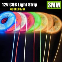 12V 3mm Width Ultra Thin COB LED Light Strip Colorful Dimmable High Density Flexible Light 400LEDs for DIY TV Home Decor Lamp