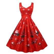 Frauen Weihnachten Kleid Sexy Spaghetti Strap Vintage Midi Party Vestidos Robe Santa Schneeflocke Druck Weihnachten Kleidung