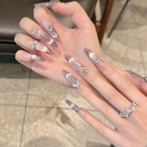 Handgefertigte Nägel zum Aufdrücken, Glitzer, Strass, lila Katzenauge, künstliche Nägel, vollständige Abdeckung, tragbar, europäischer langer ovaler Kopf, künstliche Nägel