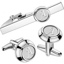 HAWSON 2-Zoll-Set mit personalisierten Initialen-Manschettenknöpfen und Krawattenklammern für Herren, versilbertes Hemd-Accessoire, Geschäftsgeschenk, Schmuck