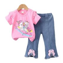 2024 neue kinder Set Mädchen Sommer Cartoon Gedruckt Kurzarm + Cowboy Hosen Infant Mode Set 0-4 jahre Alt