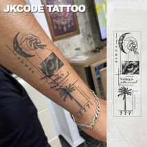 Wasserdichtes Design, semi-permanente Tattoos, Halbmond, Katzenauge, Kokosnussbaum, handgezeichnetes Muster, Tattoo, chinesische und englische Glückszahl 777, Wort-Tattoo-Muster, modisches großes