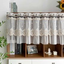 Rustikaler beige bestickter Tüll-Spitze-Kurz-Volant-Vorhang für Küchenschrank, transparentes Voile, kleines Fenster, Vintage-Bauernhaus-Dekor