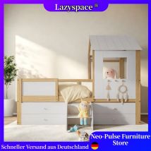 Letto semi-alto per bambini Lazyspace, letto con tetto e finestra, recinzione su quattro lati, struttura letto per bambini con 4 cassetti e piccole scale