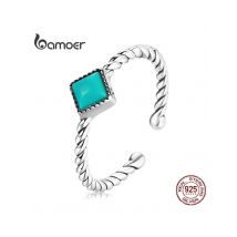bamoer Blue Zircon Ring 925 Sterling Silver Geometric & Simple Style Design Open Ring for Women Vintage Jewelry Party Gift