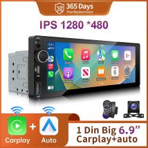 IPS 6,9 pulgadas 1Din inalámbrico o con cable Carplay Android Auto Radio Multimedia reproductor MP5 1 Din DVD Bluetooth estéreo carga USB