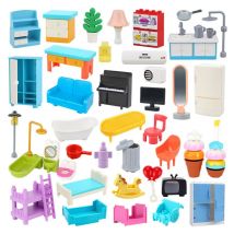 Große Bausteine Puppenhaus Teile Küche Schlafzimmer Badezimmer Wohnzimmer Sofa Etagenbett Klavier Lampe Kompatibel Große Ziegel Spielzeug