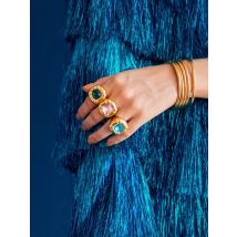 Mehrfarbige, stilvolle, abgerundete, quadratische Zirkon-Blumenringe, vergoldeter Edelstahlring für Damen, täglicher wasserdichter Schmuck, Geschenk