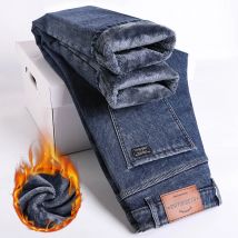 Jeans caldi spessi in pile invernale Pantaloni in denim elastici dritti slim da uomo Abbigliamento casual maschile Pantaloni in peluche alla moda
