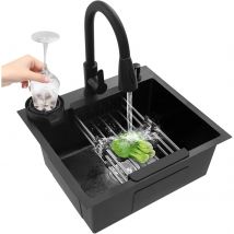 Fregadero de cocina de acero inoxidable 50 x 45 cm negro con grifo extraíble + enjuague + escurridor + dispensador de jabón, fregadero de cocina, 1 lavabo