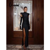 CNYISHE High Collar Gloves Split Women Dresses Short Sleeve Solid Elegant Fashion Skinny Sexy Club Female Trendy Bodycon Robes