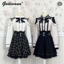 Japanese Liz Mine Mass-Produced Sweet Pearl Bow Long Sleeve Lace Blouse Shirt High Waist Skirt Two Piece Lolita Women Skirt Set