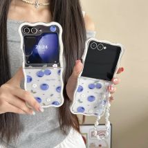 Wellen-Telefonabdeckung für Samsung Galaxy Z Flip 7, 6, 5, 4, 3, blaue Frucht, Blaubeeren, mit Lanyard-Kette, weiche TPU-stoßfeste Handyhülle