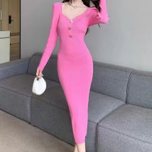 Yuoomuoo Frauen Kleid neue elegante V-Ausschnitt Knöpfe schlanke elastische gestrickte lange Kleid schicke Mode sexy Wickel Hüften Bodycon Vestido