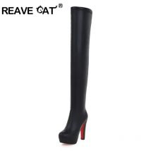 REAVE CAT Schuhe Sexy Plateaustiefel Overknee 13 cm Blockabsätze Schwarze Stiefeletten High Party