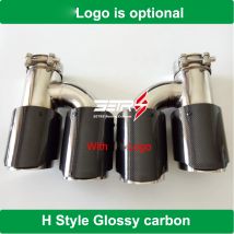 2PCS H Stil Universal Dual Mit Logo Edelstahl Glänzend Carbon Faser Auto Endrohr endrohr