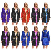 Frauen Langarm Satin Glatte Kapuze Mantel mit Gürtel Boxer Boxen Roben Halloween Cosplay Boxen Streichhölzer Wettbewerb Roben