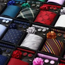 Top Grade Holiday Gift Box Grey Print Ties Pocket Square Cufflinks Brooch Set For Men Suit Accessories Fit Group