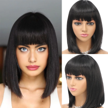 Synthetic 12inch  Short black Wig for Women Natural Black Bob Hair Wig with Bangs colour wig Daily Party Cosplay Christmas gifts