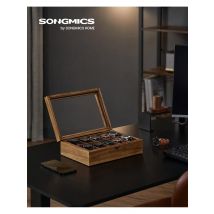 SONGMICS Scatola per orologi in legno massello da 10 slot, coperchio in vetro grande, cuscini rimovibili, idea regalo, noce rustica