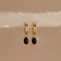 Vintage Ethnic Black Natural Stone Small Hoop Earrings for Women Girls Gold Color C Shape Huggie Hoops New Trendy Jewelry Gifts
