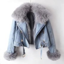 Kurze verdickte Jeansjacke für Frauen 2024, Winter, lässig, abnehmbar, Nachahmung von Fuchspelz, Reißverschluss, Cowboy-Mantel, weiblich, warme Oberbekleidung
