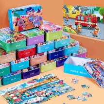60 pezzi/set puzzle in legno per bambini cartone animato animale veicolo modello dinosauro puzzle con scatola di ferro regalo di giocattoli educativi precoci per bambini