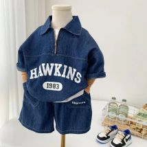 Jungen Baumwolle Sommer Anzug 2025 Neue Baby Mode Druck Kleidung Kinder Koreanische Hübsche Kurzen ärmeln Hemd + Denim Shorts 2 stücke Se