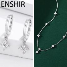 ENSHIR Zirkon Vierblättriges Blumen-Anhänger Halskette Armband Ohrring Schmucksets für Frauen Zarte Hochzeitsgeschenke