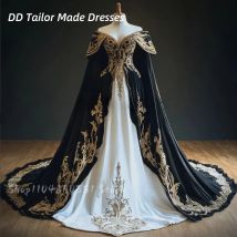 Schwarz-weißes Gothic-Qunee-Hochzeitskleid mit Wickeloptik, mittelalterliches trägerloses Goldapplikationskorsett, A-Linie, langes Brautkleid, individuell gestaltet