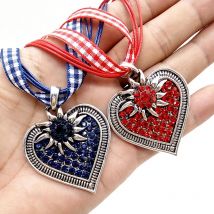 Mode Glänzenden Strass Vintage Herz Edelweiß Anhänger Halsketten Frauen Oktoberfest Party Kostüm Plaid Band Geschenk Schmuck