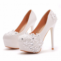 Frühling runde kopf perle strass spitze wasserdichte plattform hochzeit schuhe feine hochhackige bankett kleid große größe frauen schuh