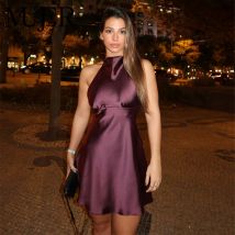 MUJER Sexy Halter Short Dresses for Women Ruched Satin Women's Party Dresses off Shoulder Mini Dress Woman Backless Dress Women