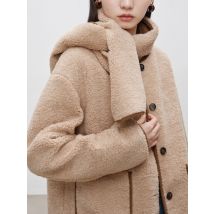 ZIQIAO Frauen Khaki Faux Pelzmantel Winter Verdicken Weibliche Rundhals Kurze Mäntel Einreiher Jacken Mit Schal 24ZQ94254