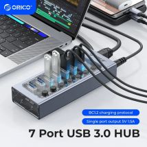 ORICO USB3.0 Hub de aluminio Industrial divisor de 7 puertos interruptor dividido con adaptador de corriente de 12v para tabletas de teléfonos móviles Macbook