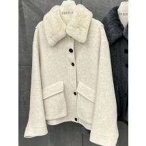 Abrigo de lana de doble cara con cordón suelto corto y cuello de piel, chaqueta de Cachemira para mujer de otoño, Tops