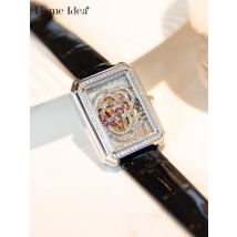 Frauen Mode transparent aushöhlen Rechteck Armbanduhren Leder Gürtel Nadel Schnalle Diamanten Designer lässig Quarzuhr