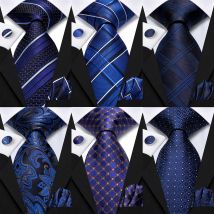 Hi-Tie Marineblau gestreift kariert Mode Herren elegante Krawatte Taschentuch Manschettenknöpfe Set Hochzeit Party Zubehör Geschenk für Männer Gravat