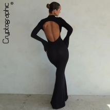 Kryptographische Herbstmode Sexy Open Back Maxikleid Elegante Aufflackernärmel Outfits für Frauen Slim Fit Figurbetonte Kleider Kleidung