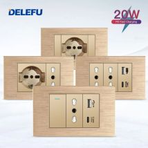 DELEFU Oro Italia Filo di Alluminio USB TypeC Presa a muro a ricarica rapida Schuko Tuya Wifi Smart Switch Sat TV Tel Campanello Tenda