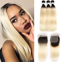Brasilianische Gerade Menschliches Haar Bundles Mit Verschluss Ombre Blonde T1B/613 Menschliche Haarwebart Bundle Remy 100% Haar Bundles 3PCS