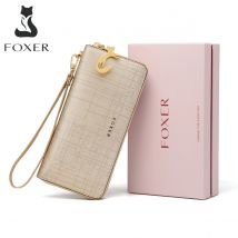 FOXER Women Split Leather Wallet Bifold Clutch Bag with Wristlet Fashion Card Holder Coin Purse Cellphone Bag Female Money Bag